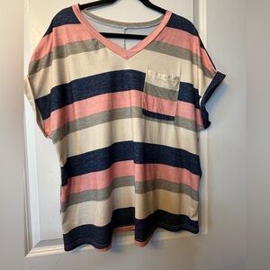 Women’s Striped V-Neck Pocket Tee in Pink, Navy, Gray & Cream